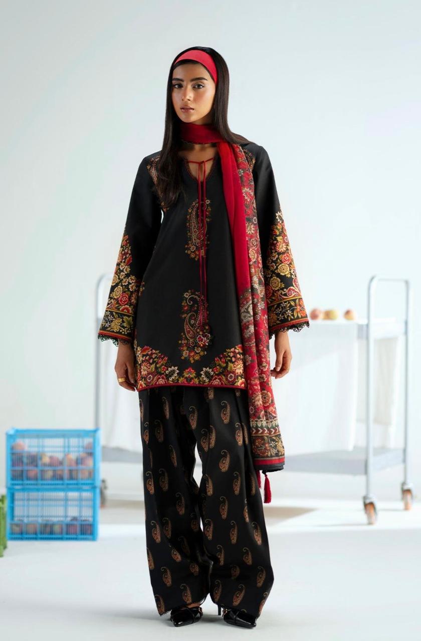 Black & Red Printed Cotton Farshi Suit with Elegant Floral Detailing