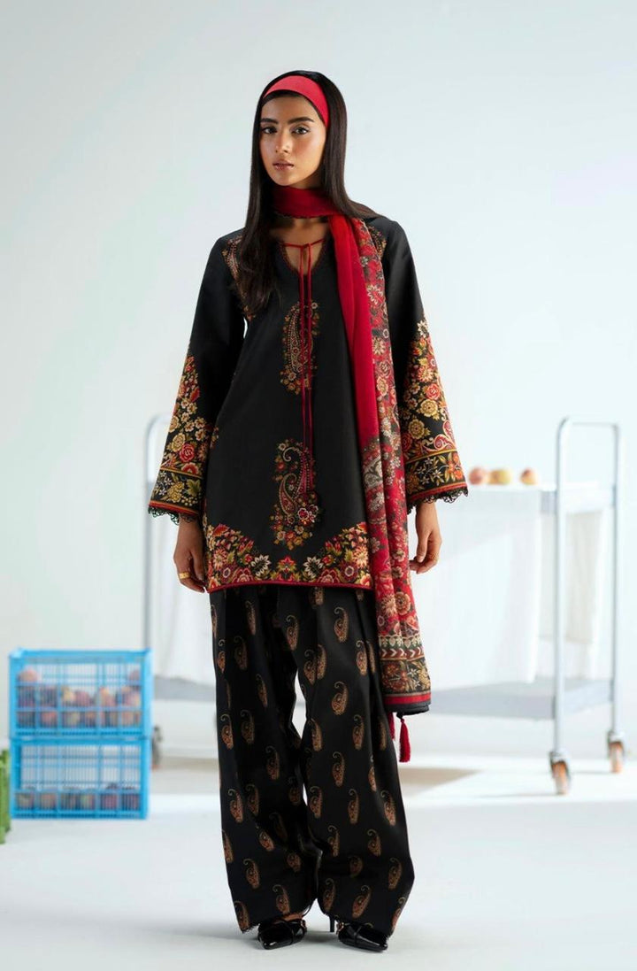 Black & Red Printed Cotton Farshi Suit with Elegant Floral Detailing