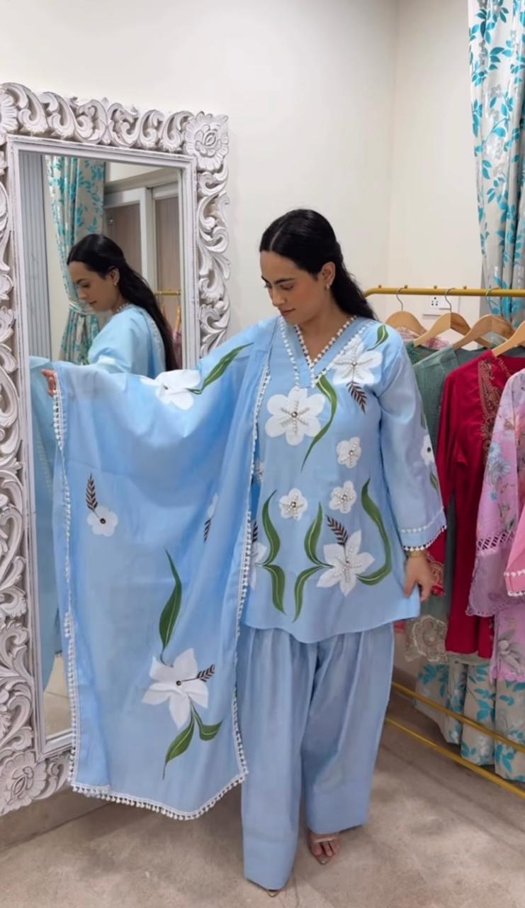 Hand-Painted Pure Cotton Suit with Pearl Embellishments