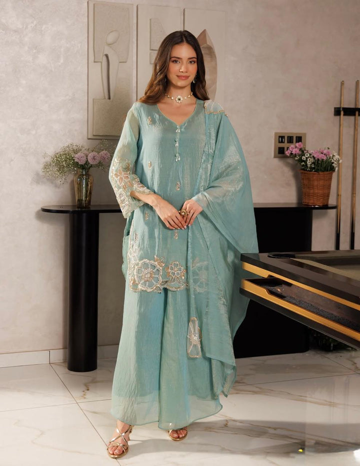 Pastel Blue Shimmer Crush Tissue Embroidered Suit Set