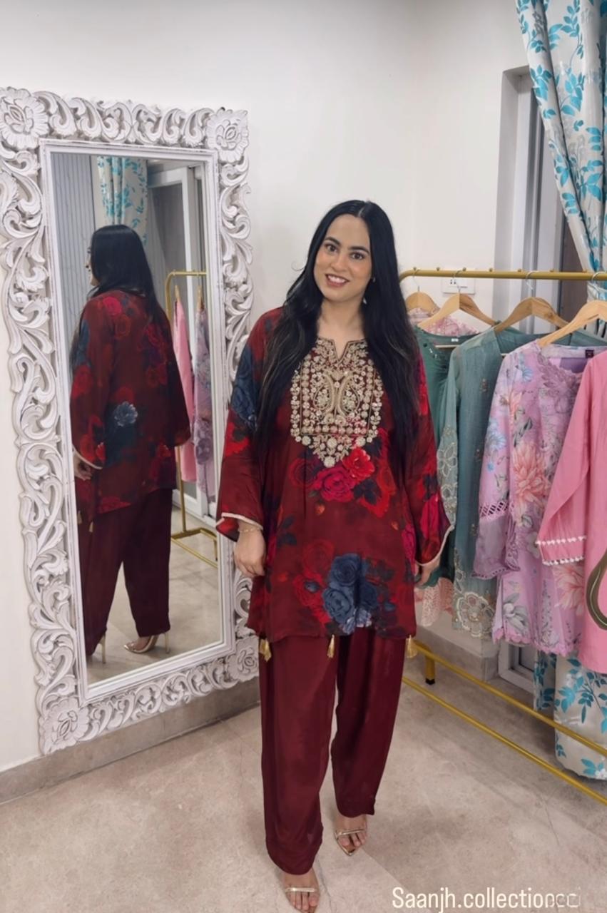 Maroon Floral Embroidered Pure Crepe Co-ord Set with Stylish Farshi Bottoms