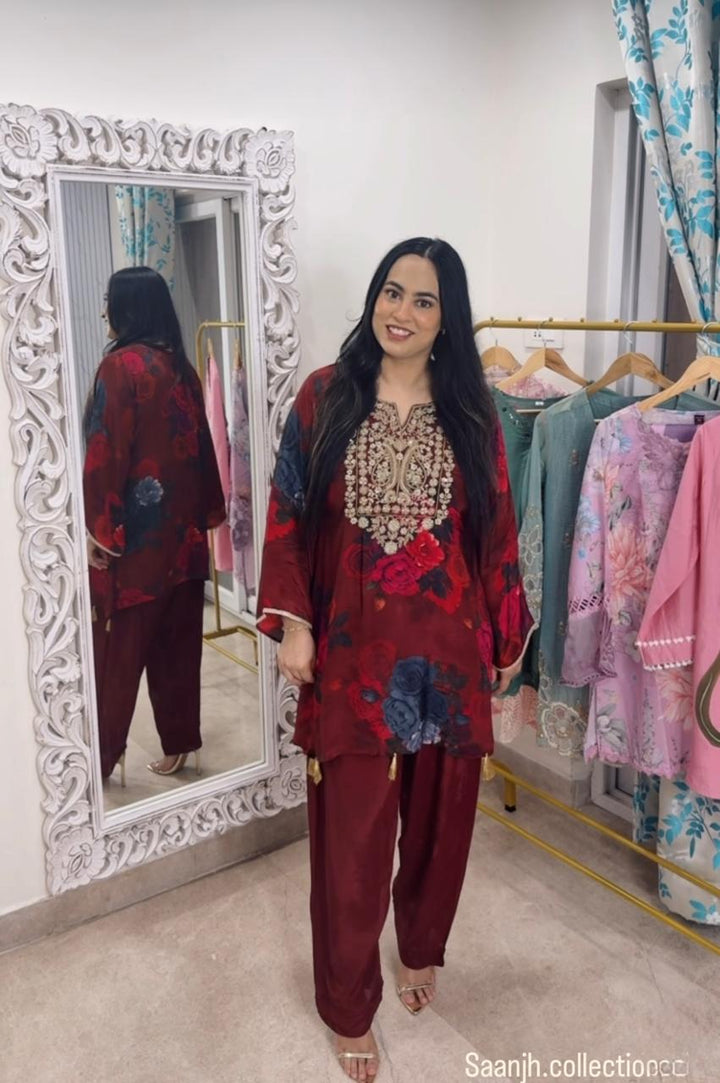 Maroon Floral Embroidered Pure Crepe Co-ord Set with Stylish Farshi Bottoms