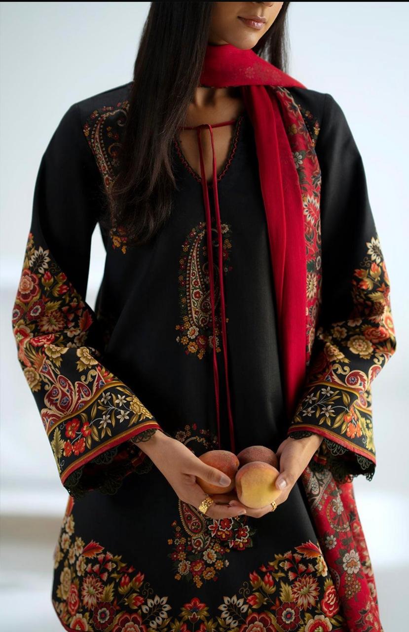 Black & Red Printed Cotton Farshi Suit with Elegant Floral Detailing