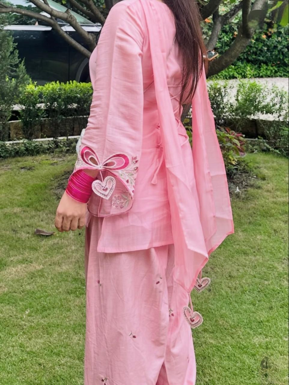 Blush Pink Pure Cotton Farshi Suit with Delicate Embroidery