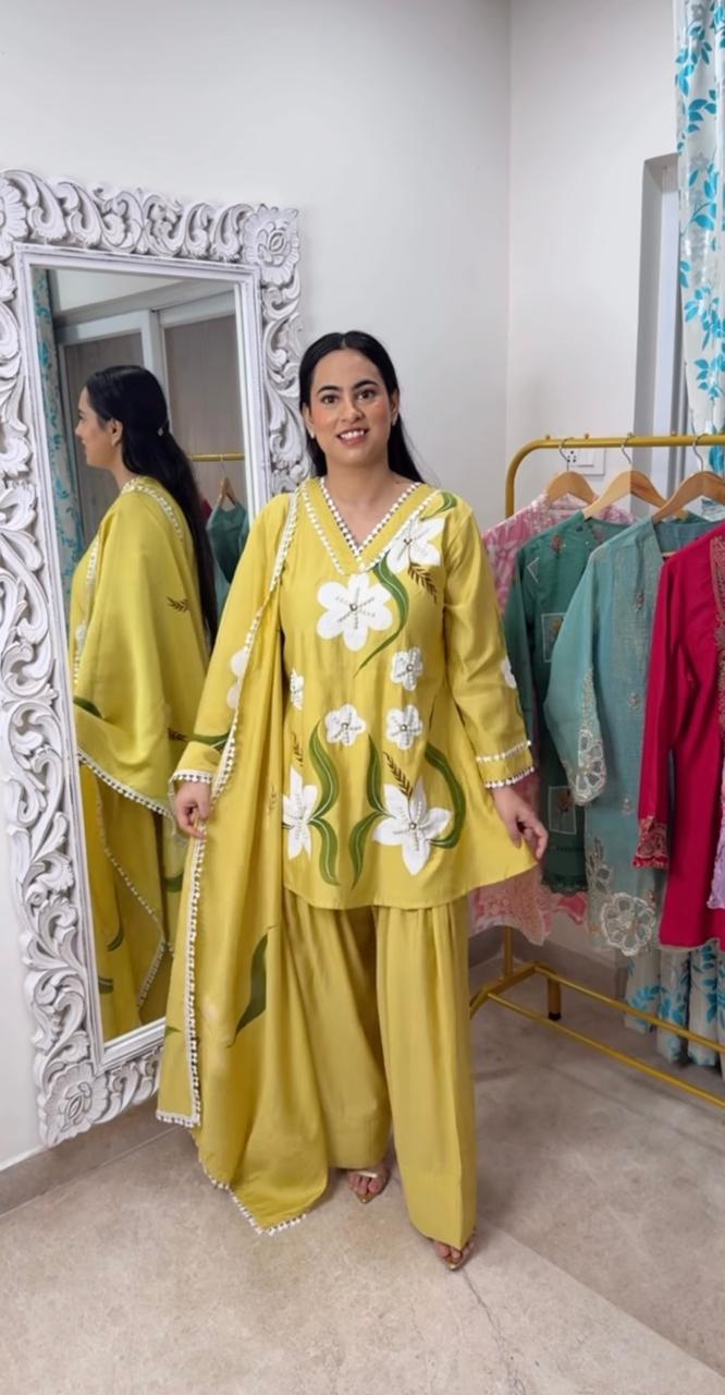 Hand-Painted Pure Cotton Suit with Pearl Embellishments