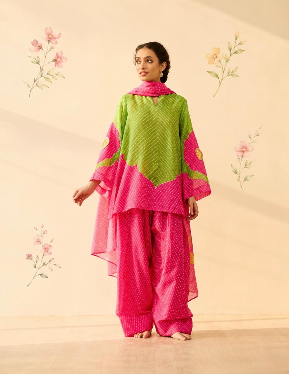Pink & Green Pure Cotton Lehariya Suit Set