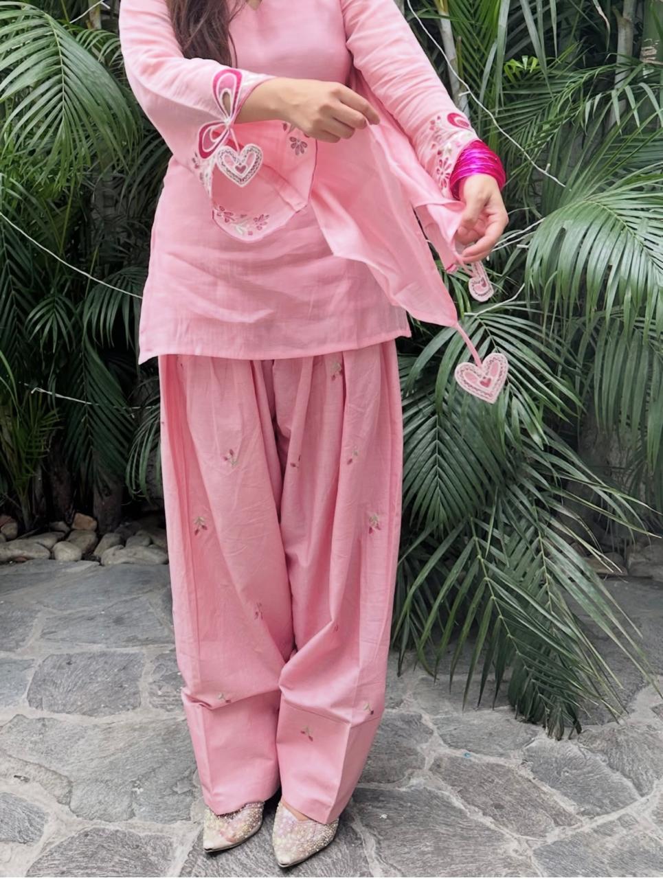 Blush Pink Pure Cotton Farshi Suit with Delicate Embroidery