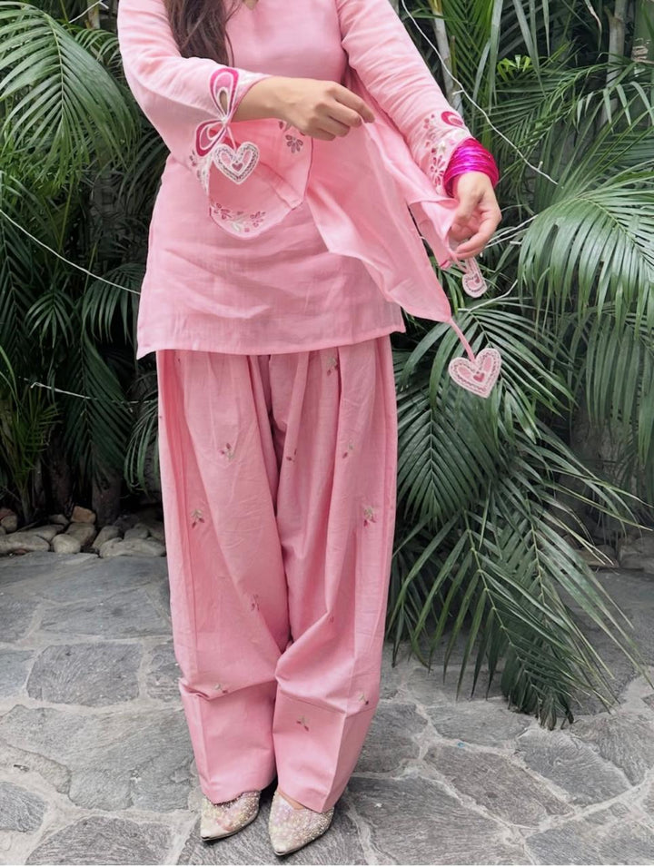 Blush Pink Pure Cotton Farshi Suit with Delicate Embroidery