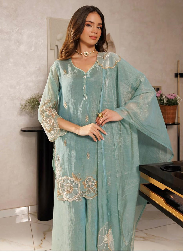 Pastel Blue Shimmer Crush Tissue Embroidered Suit Set