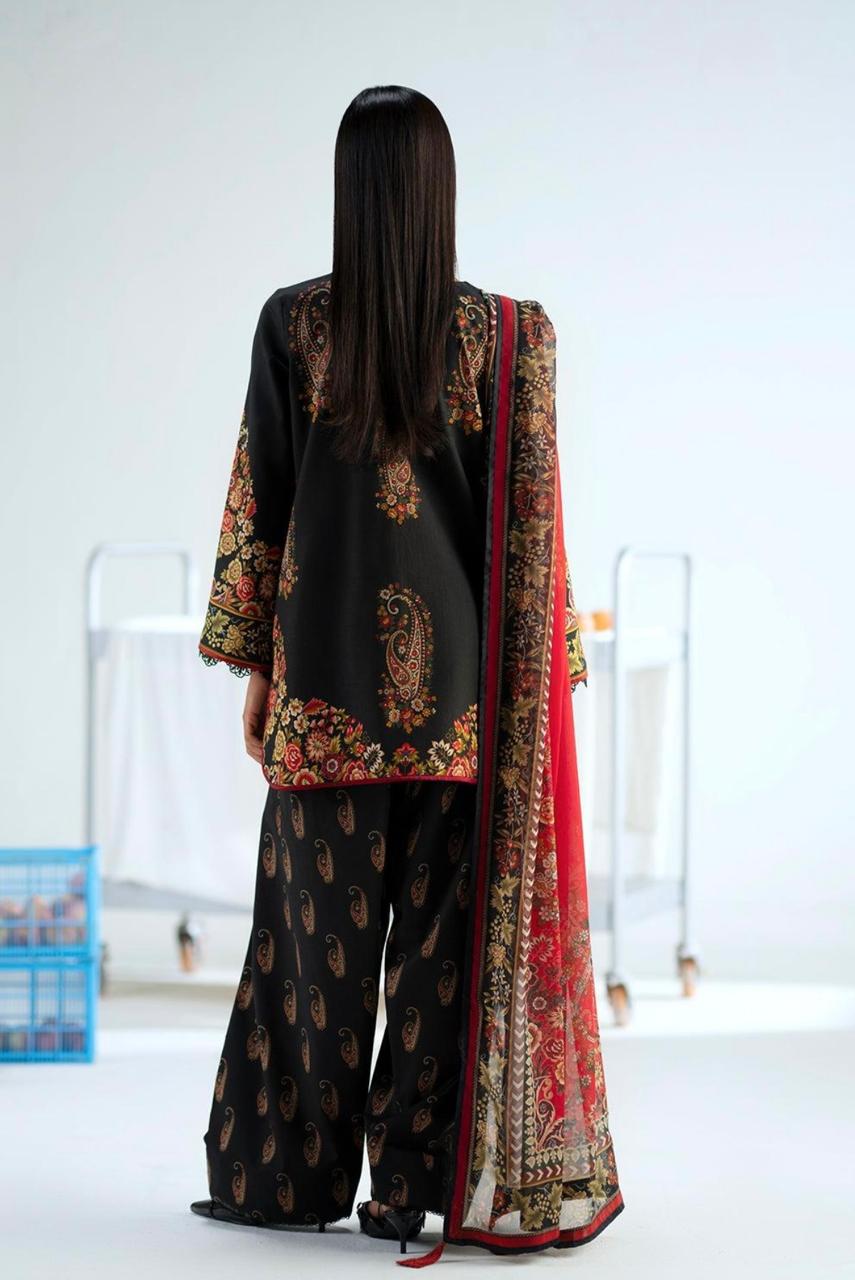 Black & Red Printed Cotton Farshi Suit with Elegant Floral Detailing