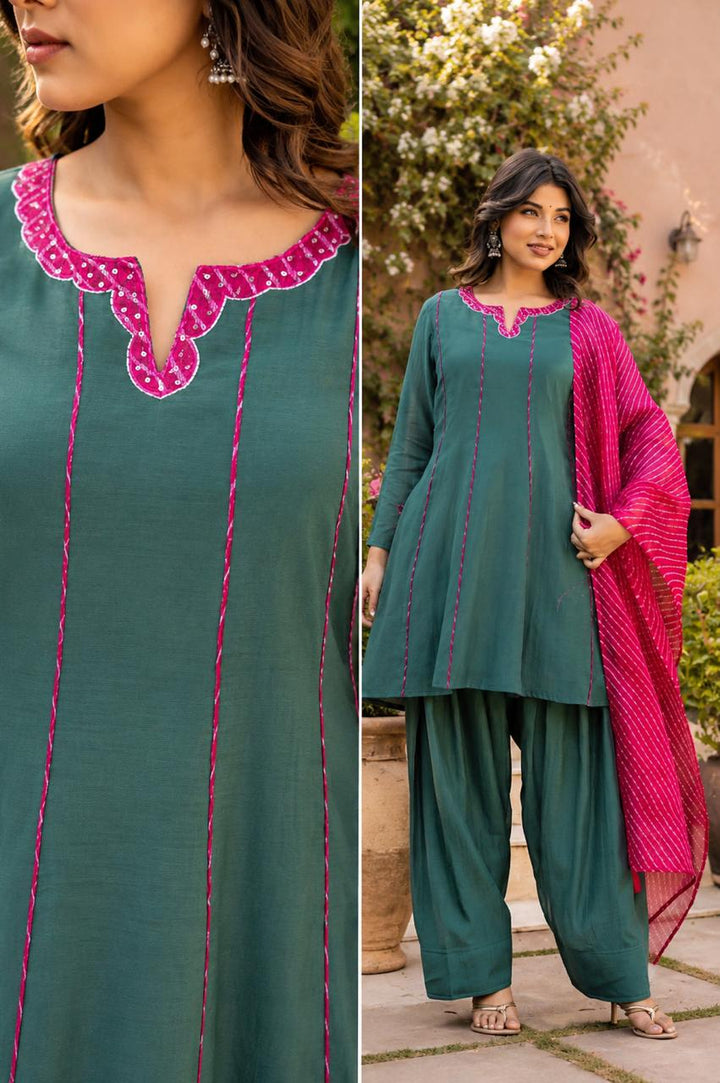 Teal Green Pure Cotton Suit with Pink Lehariya Dupatta