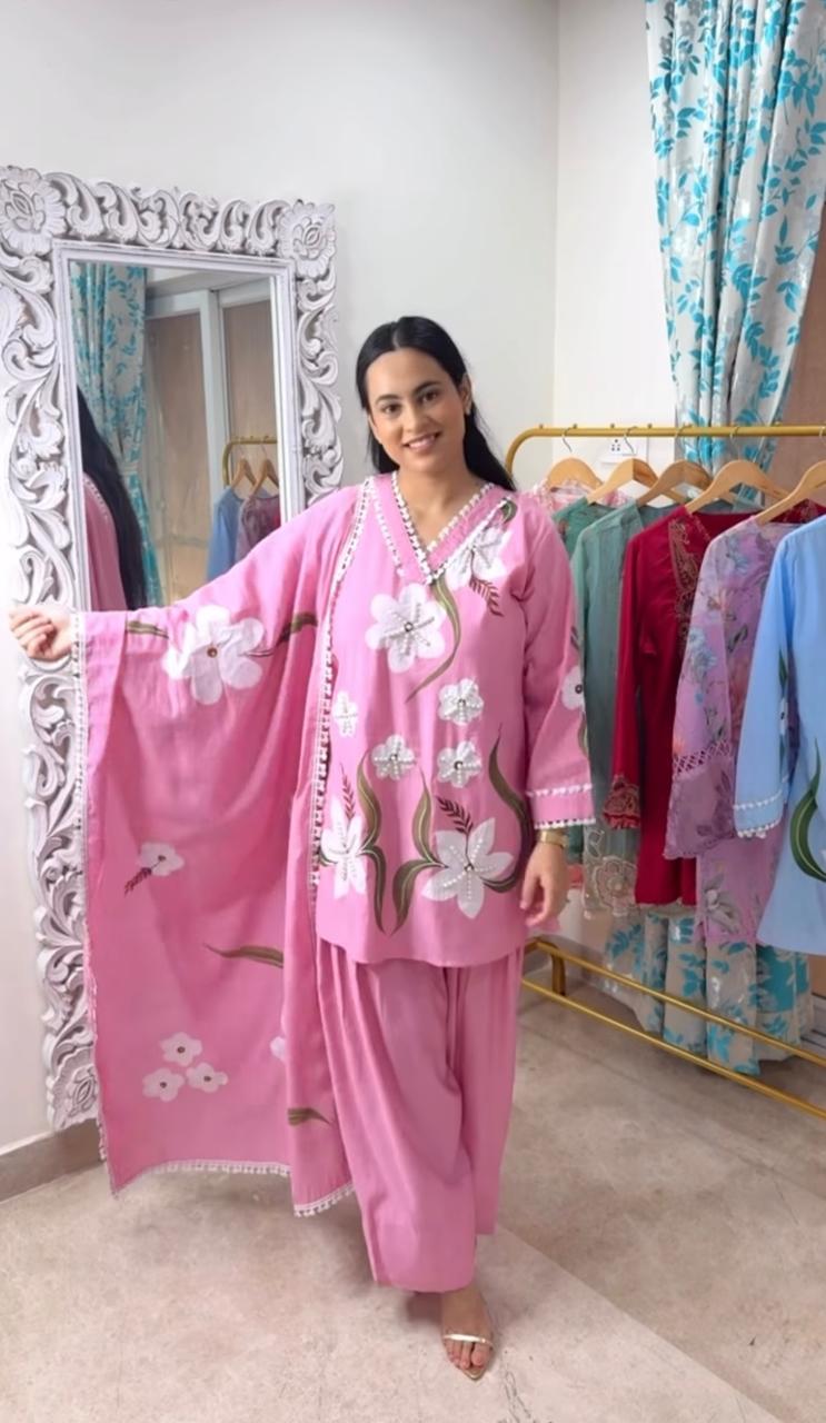 Hand-Painted Pure Cotton Suit with Pearl Embellishments